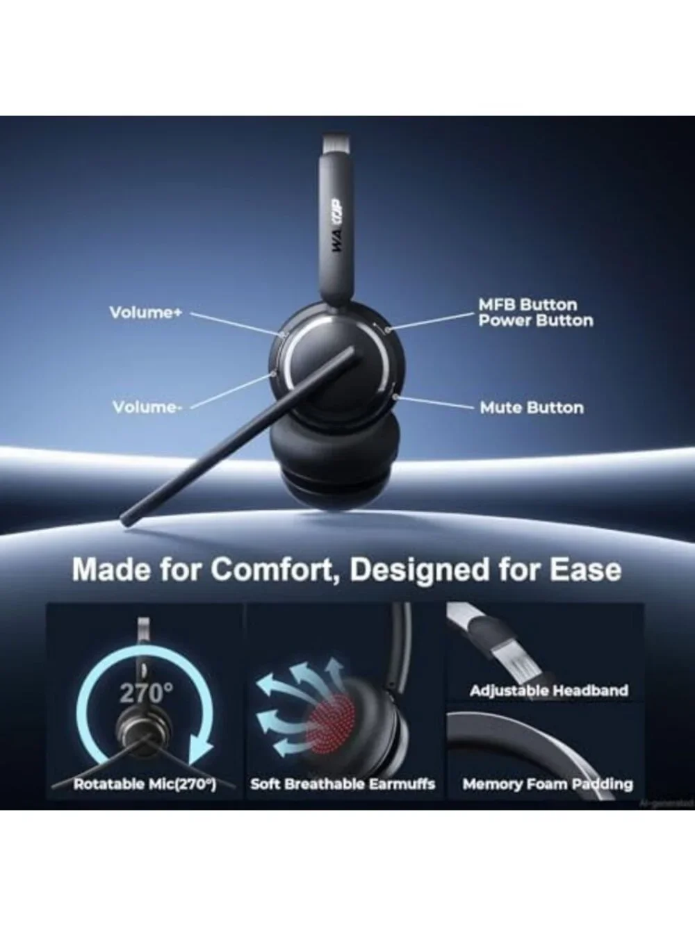 Bluetooth 6.0 Wireless Headset with AI Noise Cancelling Mic & 65H Battery Life